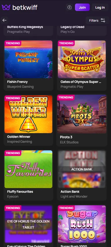 Kwiff Casino mobile slots interface screenshot showing slot game selection with popular titles and filtering options - captured during platform testing
