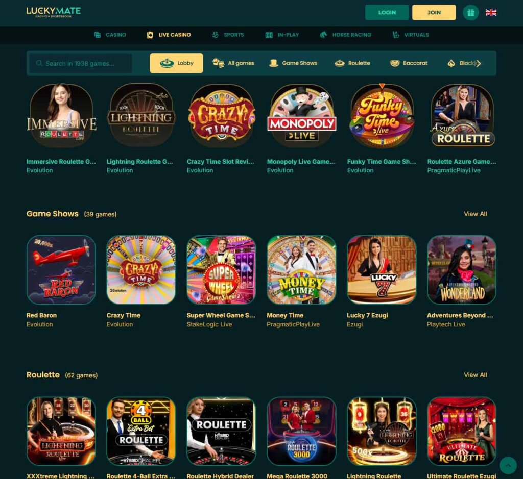 Lucky Mate Casino desktop live casino lobby screenshot featuring live dealer games and real-time streaming interface - review testing