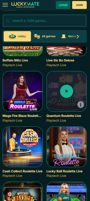 Lucky Mate Casino desktop live casino lobby screenshot featuring live dealer games and real-time streaming interface - review testing