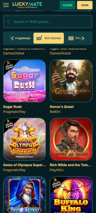 Lucky Mate Casino mobile slots interface screenshot showing slot game selection with popular titles and filtering options - captured during platform testing