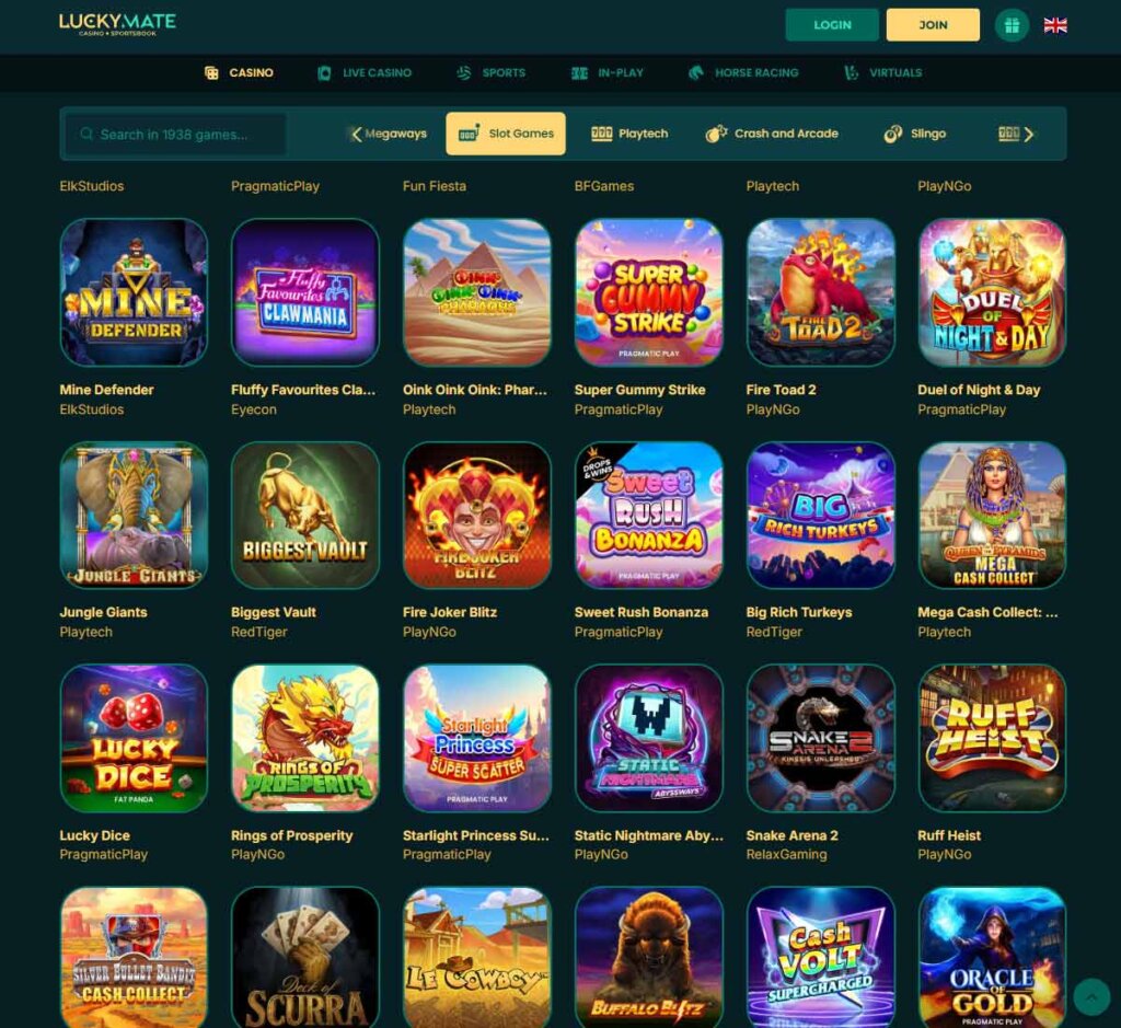 Lucky Mate Casino desktop slots lobby screenshot presenting variety of slot games with categories and providers - verified