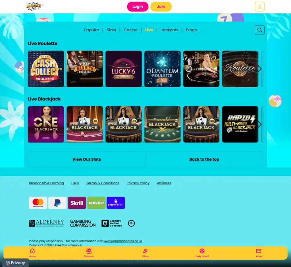 Free Spins Bingo Casino desktop live casino lobby screenshot featuring live dealer games and real-time streaming interface - review testing