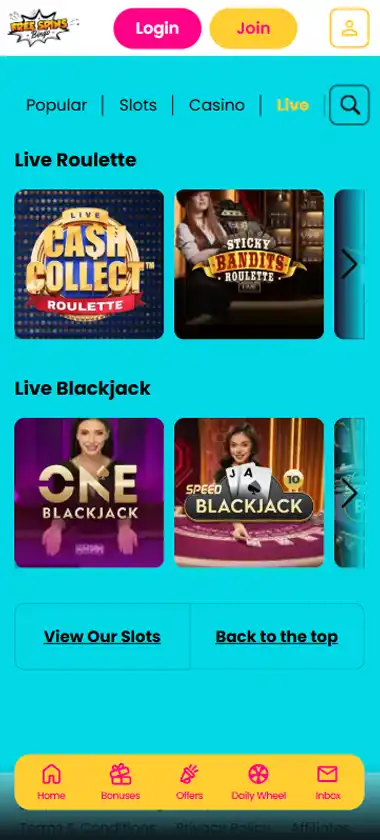 Free Spins Bingo Casino mobile live casino interface screenshot showing live dealer tables including blackjack and roulette - tested