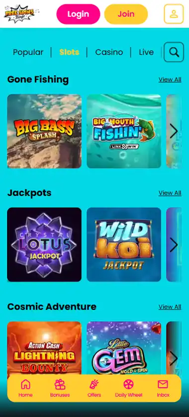 Free Spins Bingo Casino mobile slots interface screenshot showing slot game selection with popular titles and filtering options - captured during platform testing