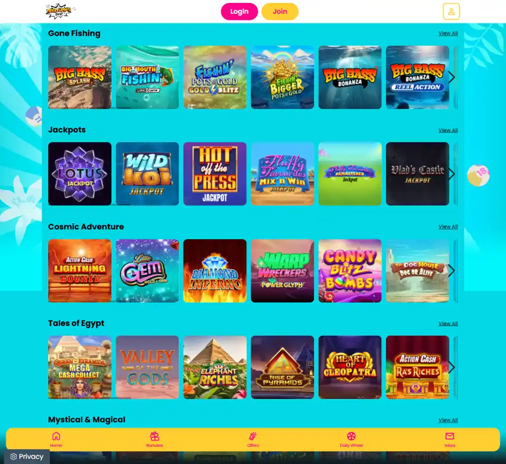 Free Spins Bingo Casino desktop slots lobby screenshot presenting variety of slot games with categories and providers - verified