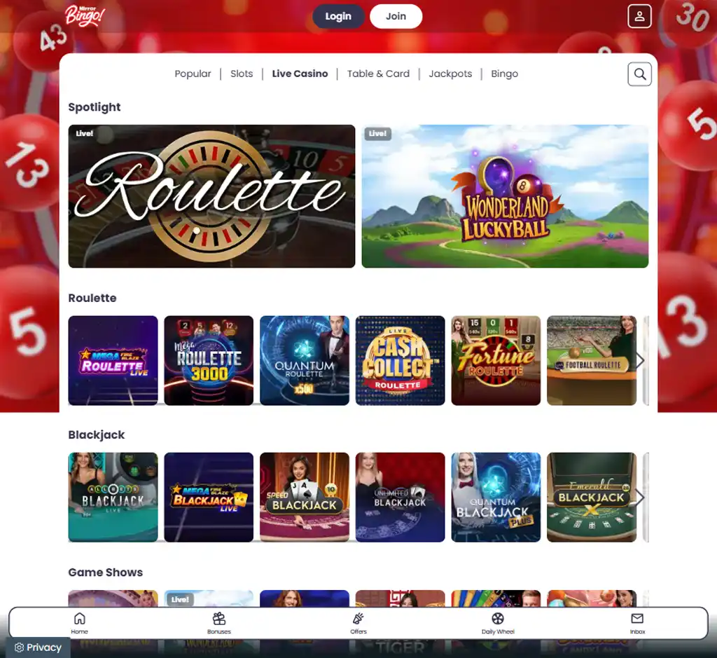 Mirror Bingo Casino desktop live casino lobby screenshot featuring live dealer games and real-time streaming interface - review testing