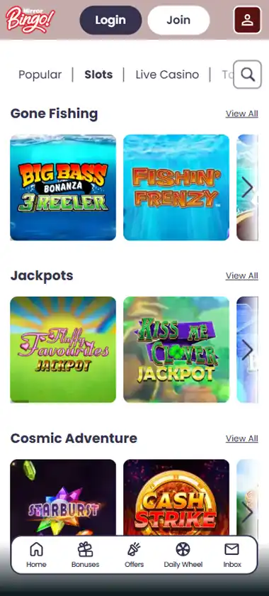 Mirror Bingo Casino mobile slots interface screenshot showing slot game selection with popular titles and filtering options - captured during platform testing