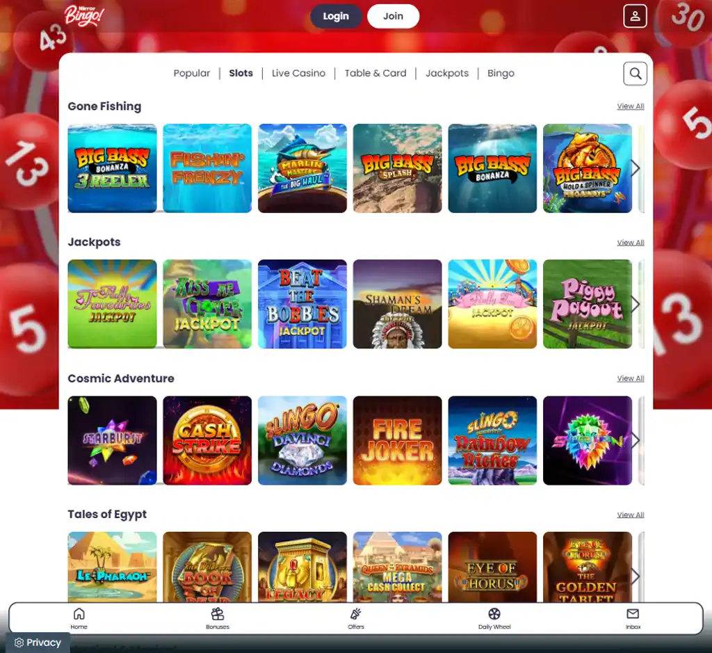Mirror Bingo Casino desktop slots lobby screenshot presenting variety of slot games with categories and providers - verified