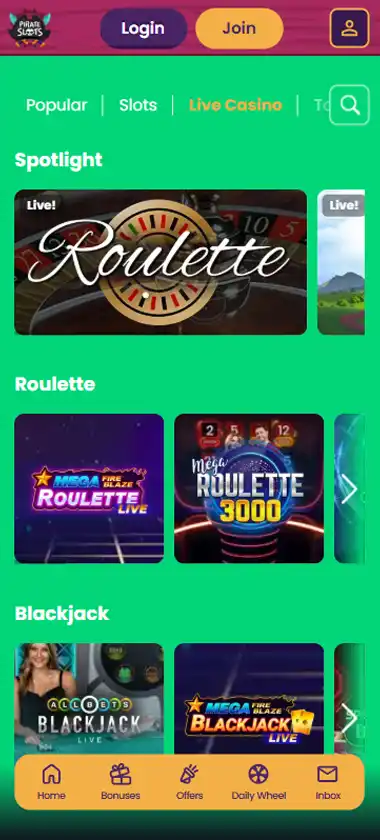 Pirate Slots Casino mobile live casino interface screenshot showing live dealer tables including blackjack and roulette - tested