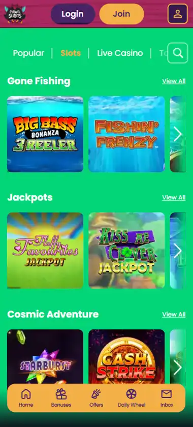 Pirate Slots Casino mobile slots interface screenshot showing slot game selection with pirate-themed titles and filtering options - captured during platform testing