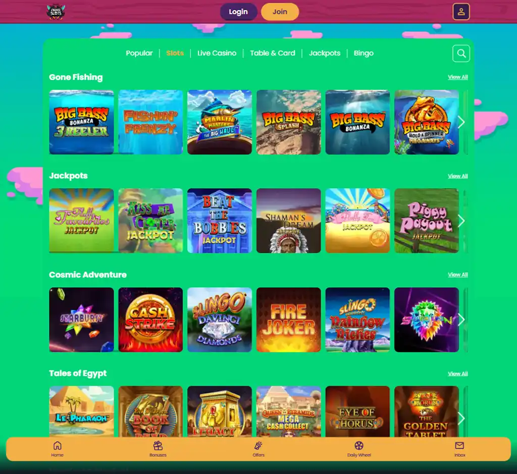Pirate Slots Casino desktop slots lobby screenshot presenting variety of slot games with pirate-themed design, categories and providers - verified