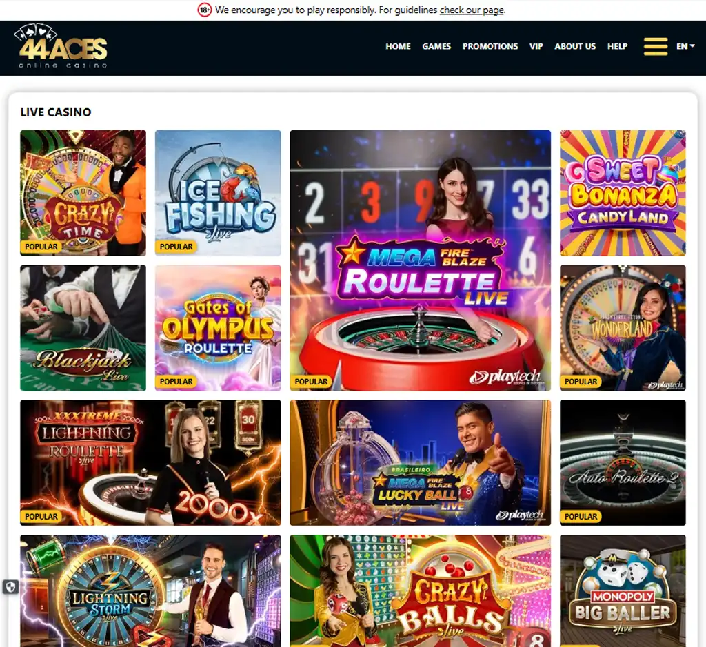 44 Aces Casino desktop live casino lobby screenshot featuring live dealer games and real-time streaming interface - review testing