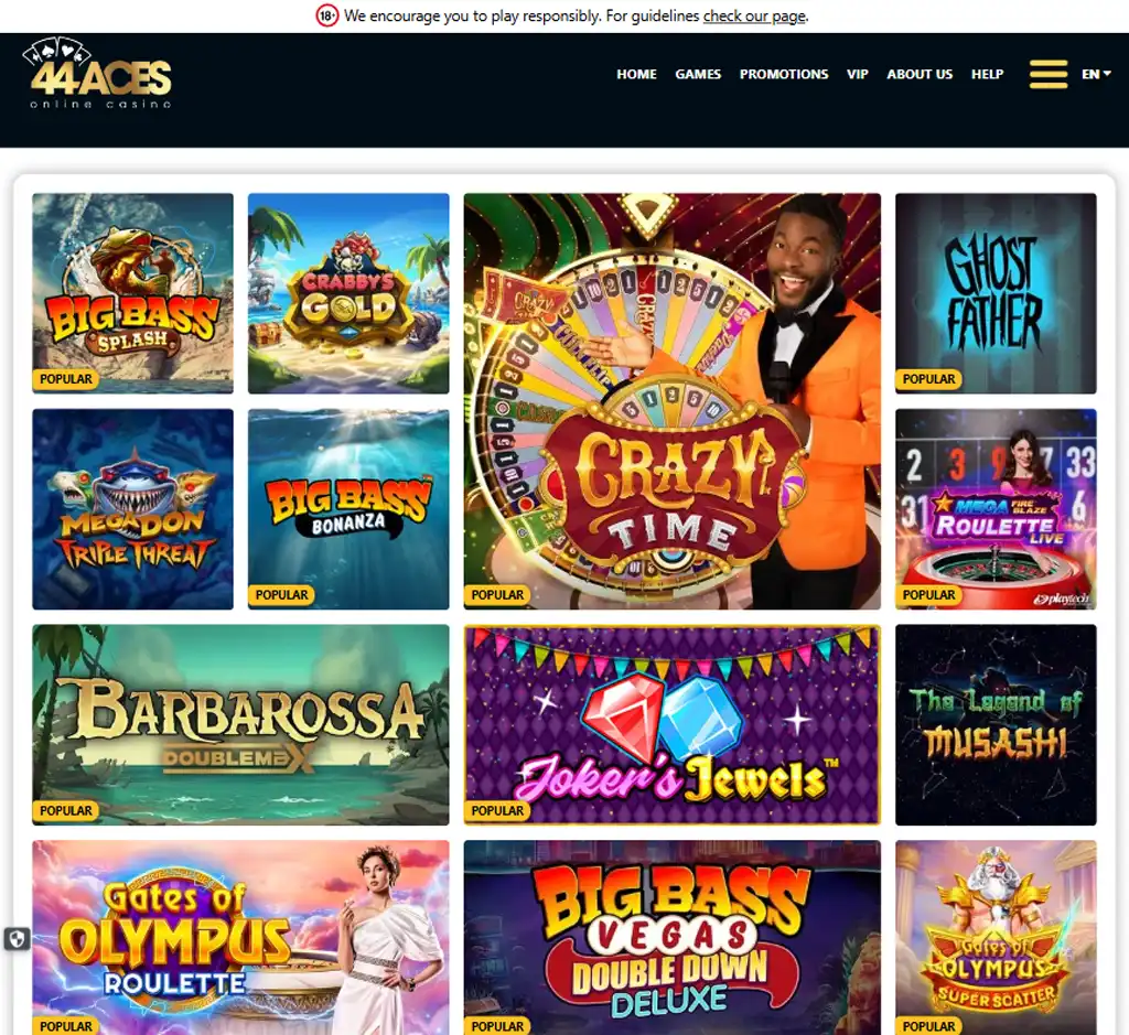44 Aces Casino desktop slots lobby screenshot presenting variety of slot games with categories and providers - verified