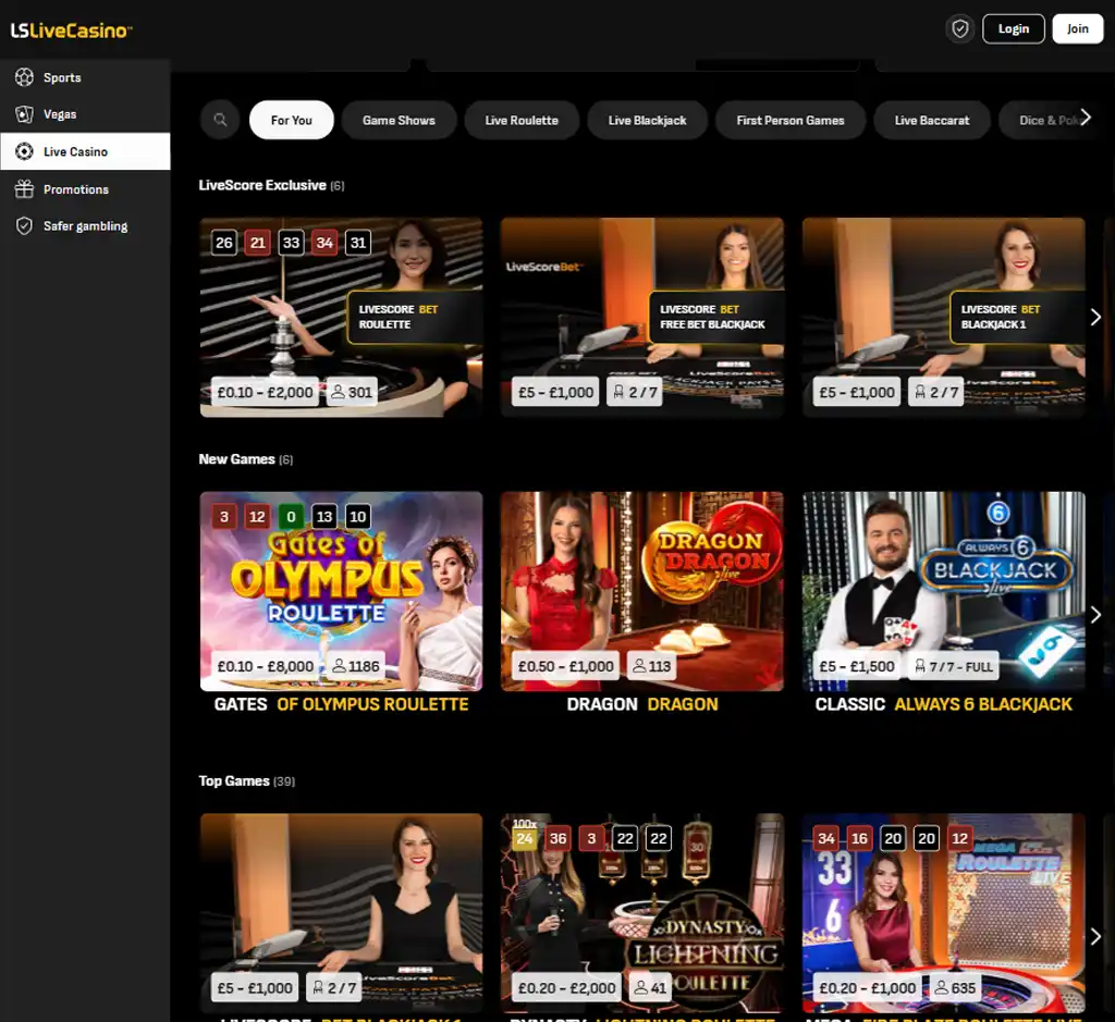 LiveScore Bet Casino desktop live casino lobby screenshot featuring live dealer games and real-time streaming interface - review testing