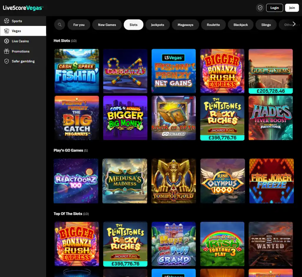 LiveScore Bet Casino desktop slots lobby screenshot presenting variety of slot games with categories and providers - verified