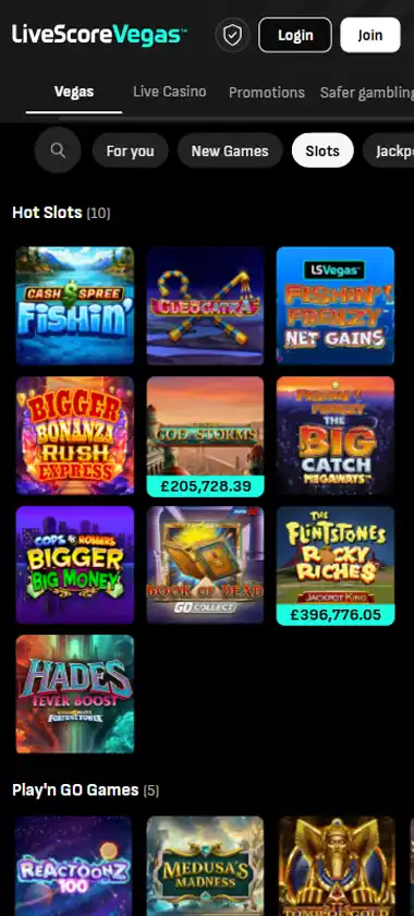 LiveScore Bet Casino mobile slots interface screenshot showing slot game selection with popular titles and filtering options - captured during platform testing