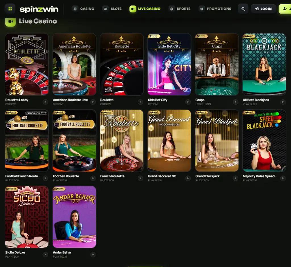 SpinzWin Casino desktop live casino lobby screenshot featuring live dealer games and real-time streaming interface - review testing