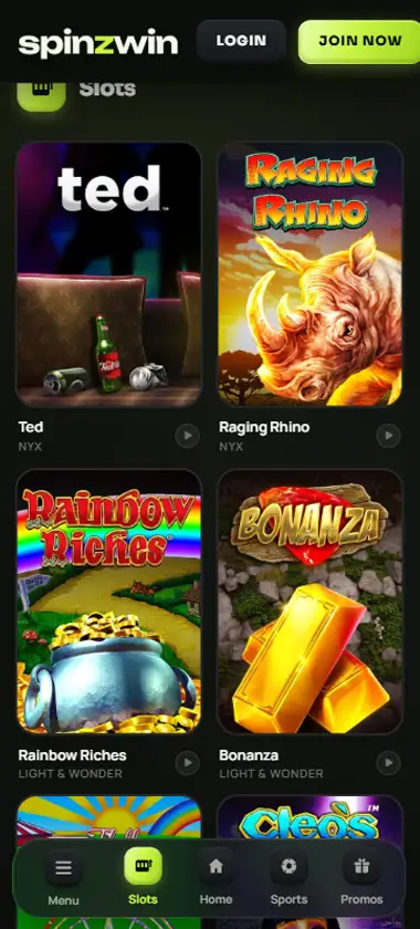 SpinzWin Casino mobile slots interface screenshot showing slot game selection with popular titles and filtering options - captured during platform testing