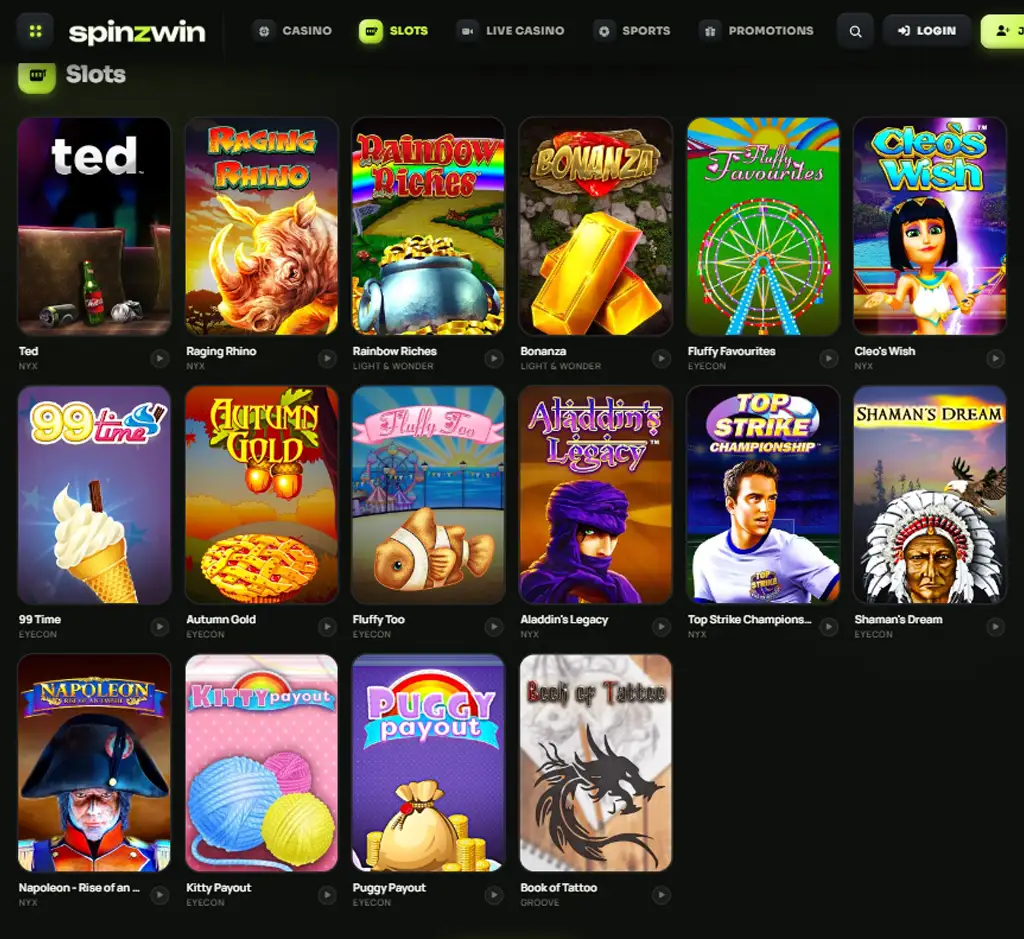 SpinzWin Casino desktop slots lobby screenshot presenting variety of slot games with categories and providers - verified