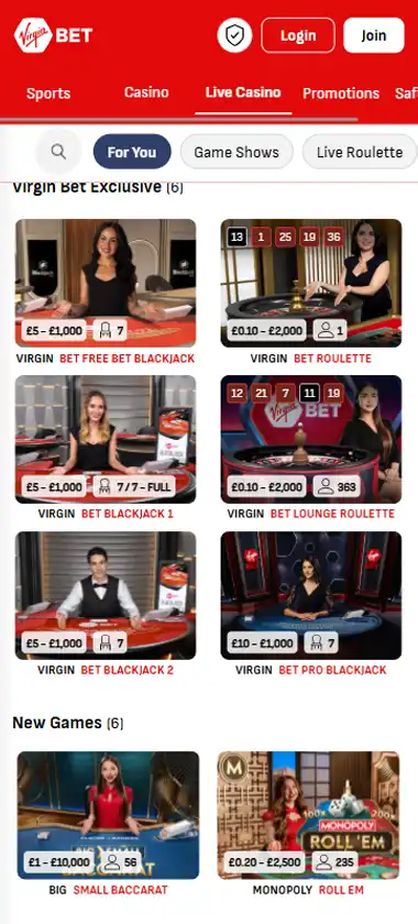Virgin Bet Casino mobile live casino interface screenshot showing live dealer tables including blackjack and roulette - tested
