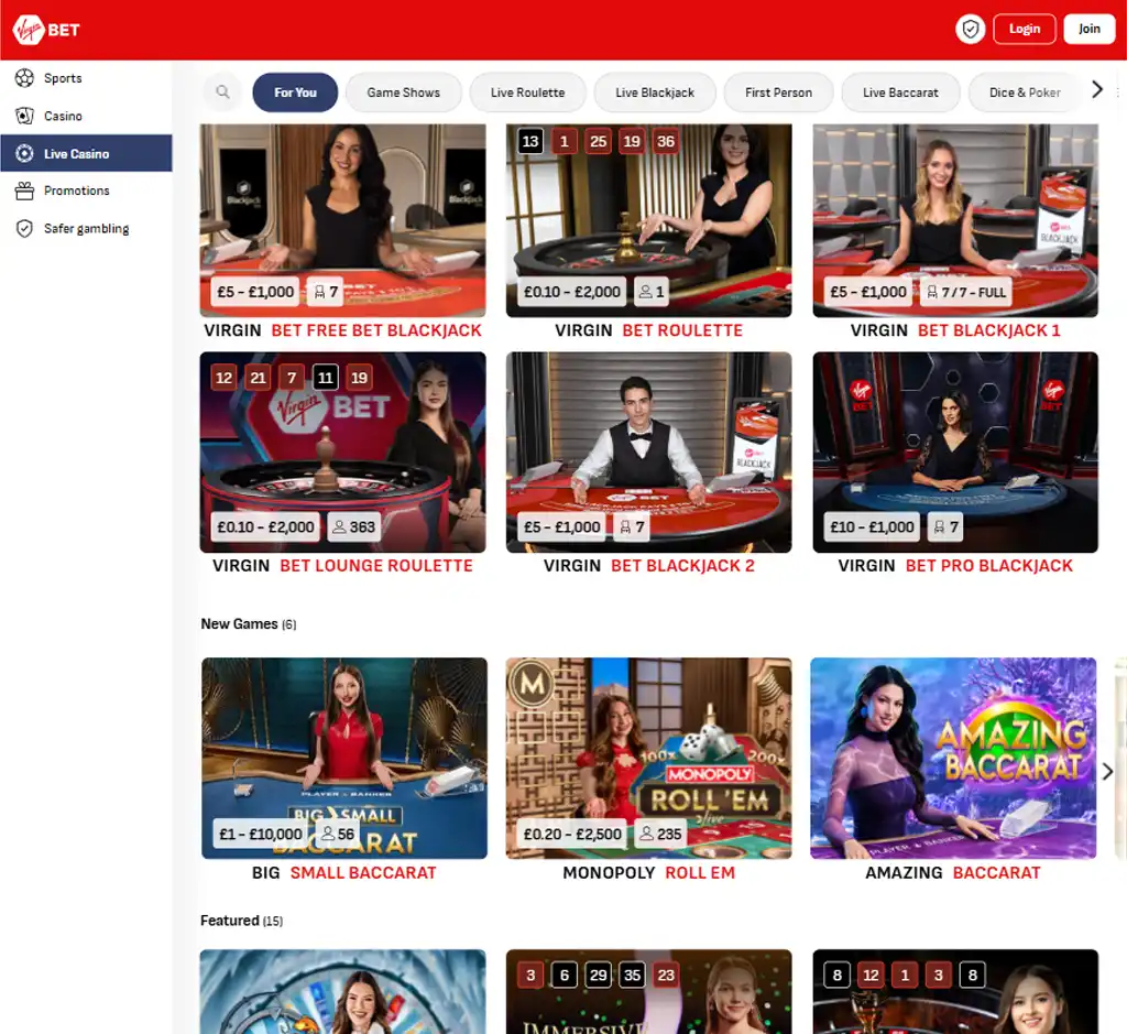 Virgin Bet Casino desktop live casino lobby screenshot featuring live dealer games and real-time streaming interface - review testing