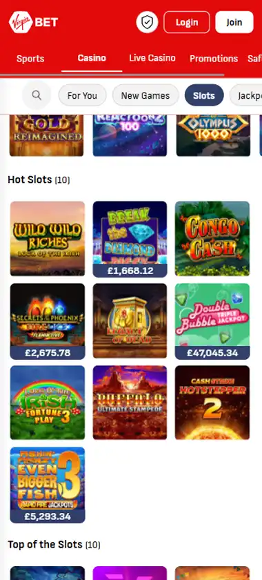 Virgin Bet Casino mobile slots interface screenshot showing slot game selection with popular titles and filtering options - captured during platform testing