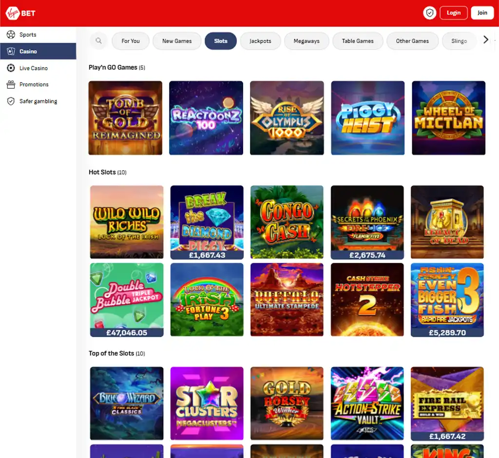 Virgin Bet Casino desktop slots lobby screenshot presenting variety of slot games with categories and providers - verified