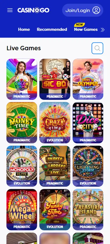 Casino Go mobile live casino interface showing live dealer tables including blackjack and roulette - captured during platform testing