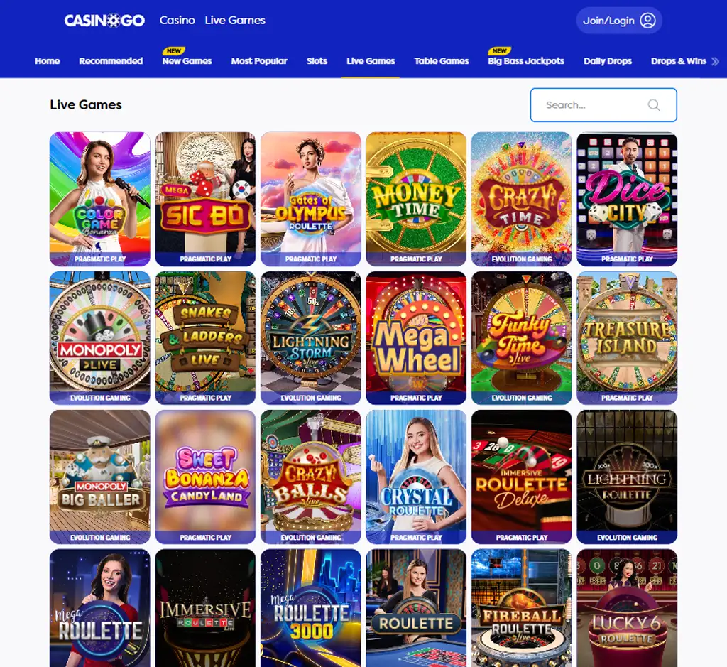 Casino Go desktop live casino lobby featuring live dealer games and real-time streaming interface - tested