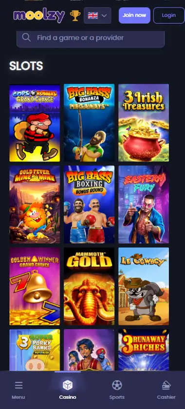 Moolzy Casino mobile slots interface showing slot game selection with popular titles and filtering options - captured during platform testing