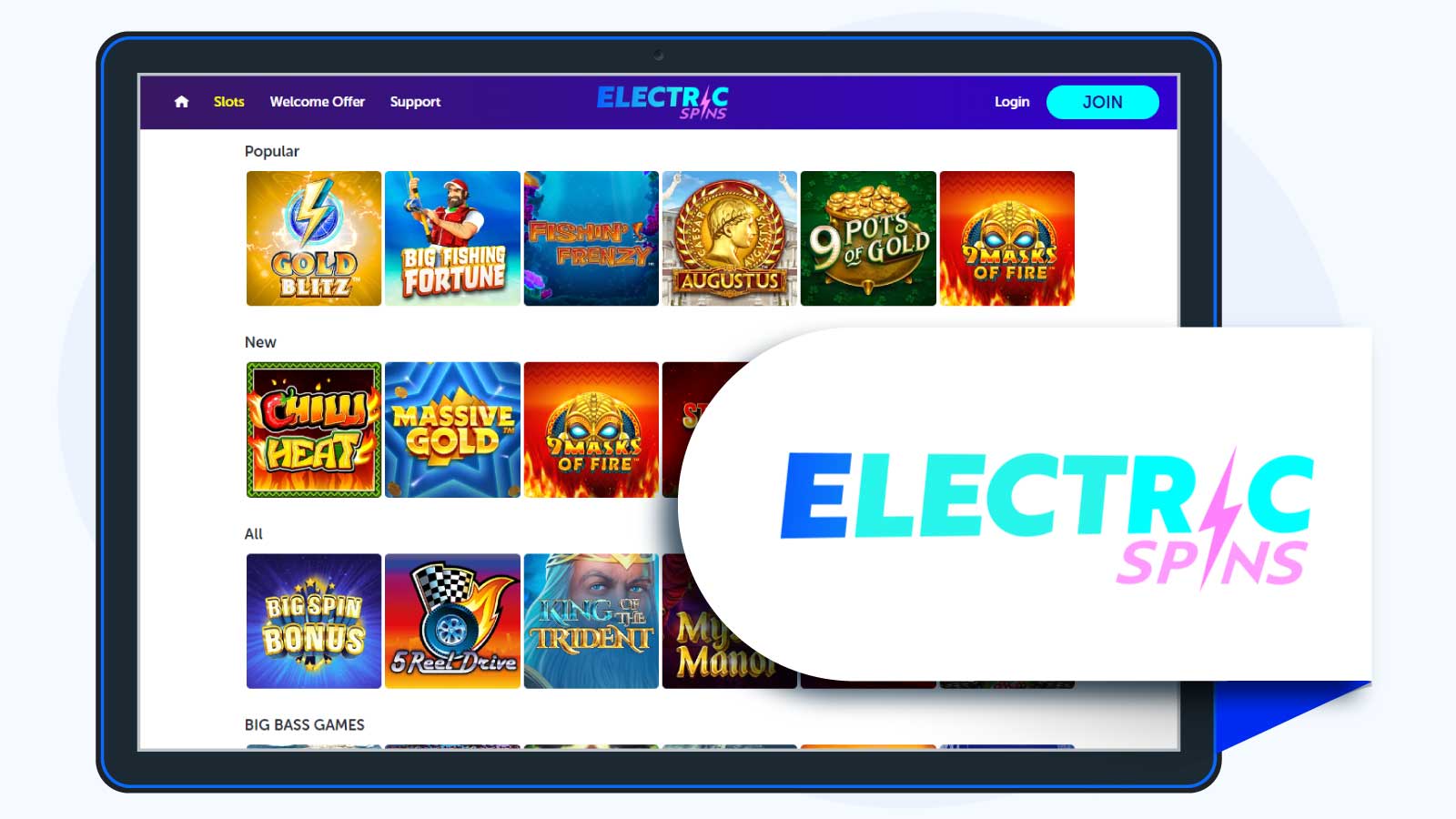 Electric Spins Casino 200% up to £20 + 100 Free Spins