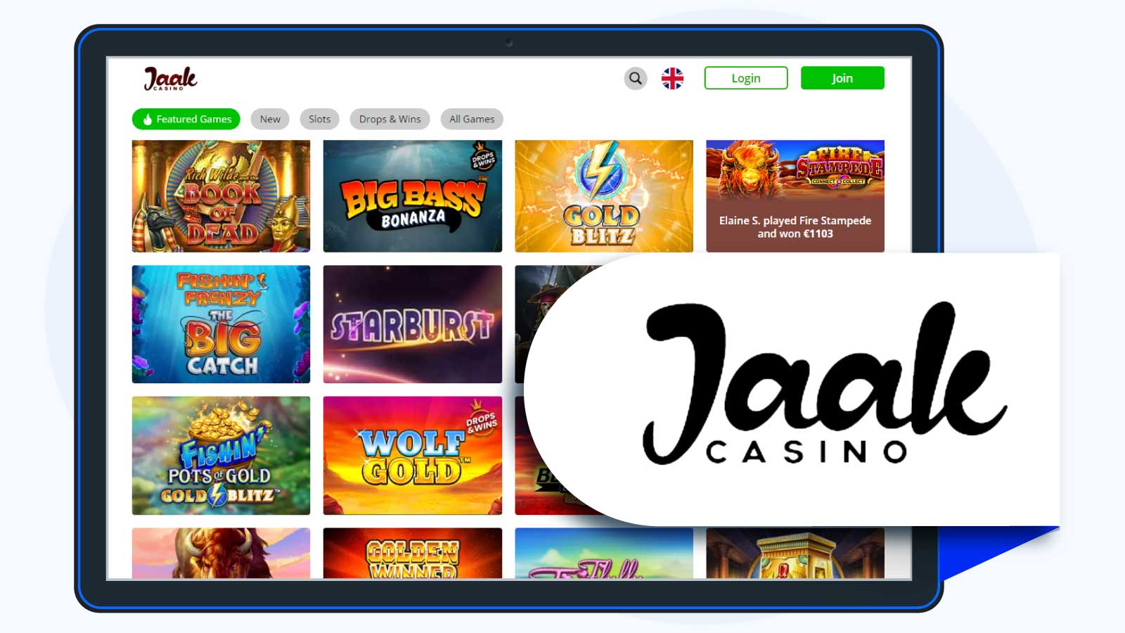 Jaak Casino 300% up to £40 + 50 spins on Book of Dead
