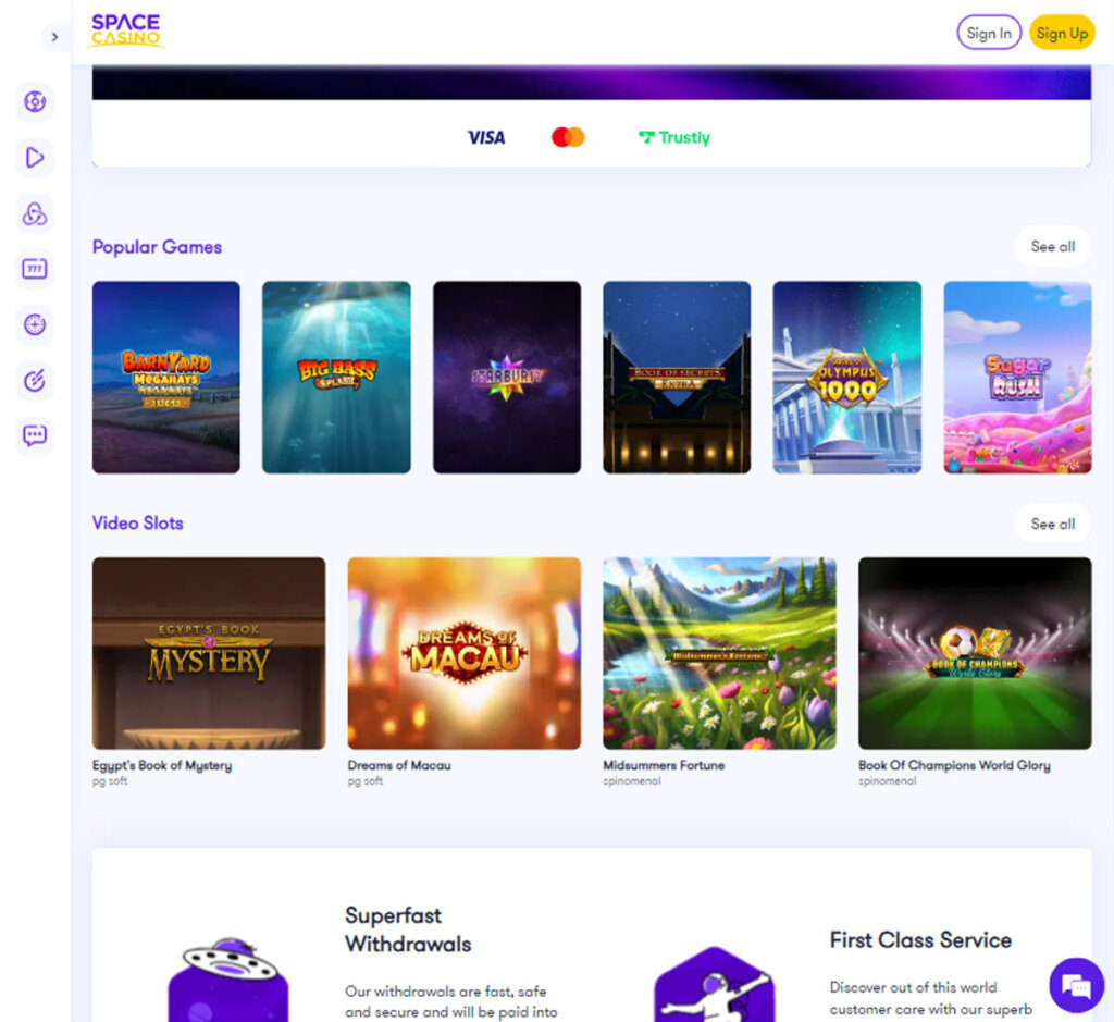 Space Casino home page review