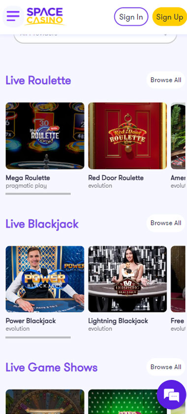 Space Casino live dealer games mobile review